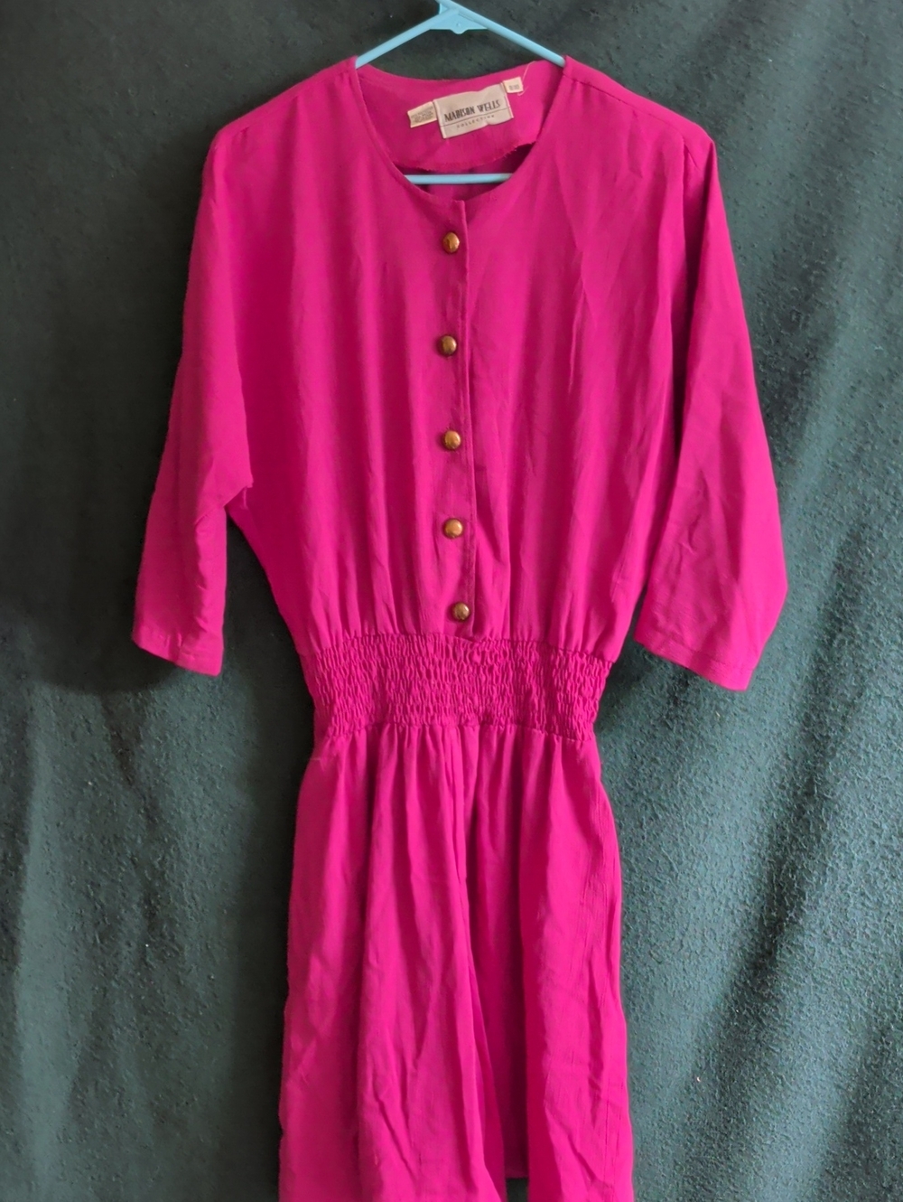 Magenta Smocked-Waist Midi Dress with Button Front